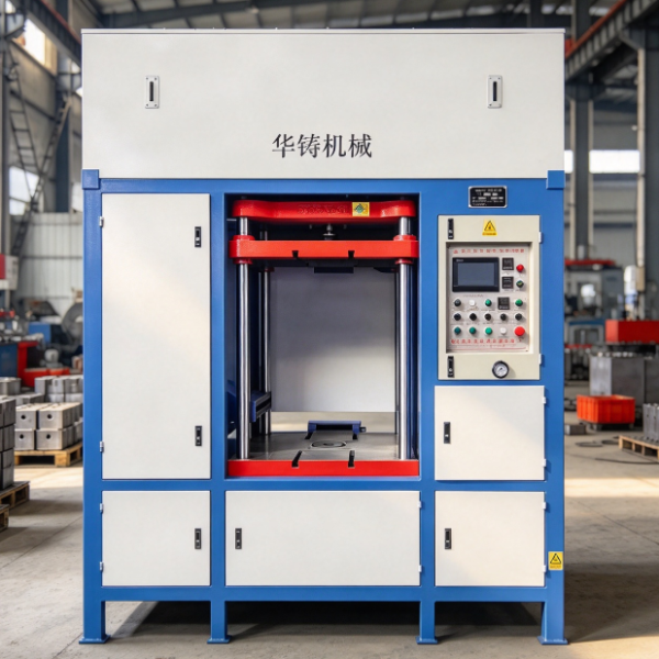 Blue-white-red sand core making machine in clean foundry workshop.